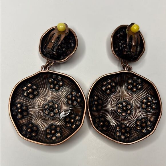 Copper Tone Floral Circular Hammered Metal Style Dangle Clip On Earrings - Picture 2 of 5